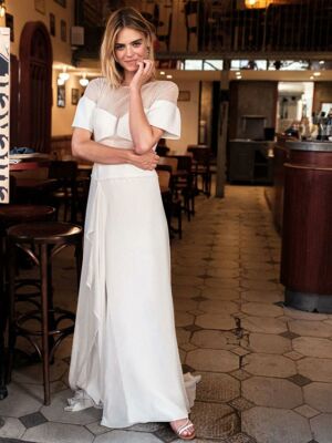 ICE DREAM Robe de mariée longue fendue manches courtes dentelle
