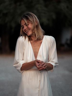 Joie Robe de mariée manches longues romantique crêpe de soie Amarildine