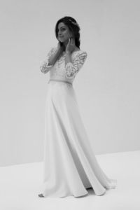 HEIDI Robe de mariée nude manches longues en dentelle de Calais